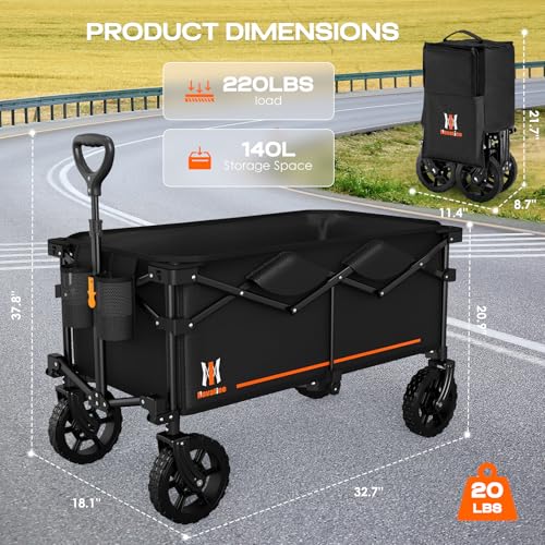 Navatiee 140L Collapsible Folding Wagon, Large Capacity Foldable Wagon with Silent All-Terrain Wheels, Utility Grocery Cart for Camping Shopping Outdoor, Black