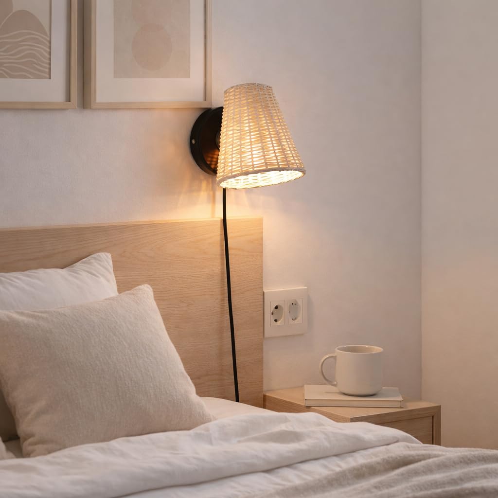 BARCELONA LED Applique Murale en Rotin "BLIND" avec Base Métallique Noire, Câble et Prise, Ampoule E27, Design Moderne et Vintage pour Chambre, Salle de Bain, Cuisine et Couloir