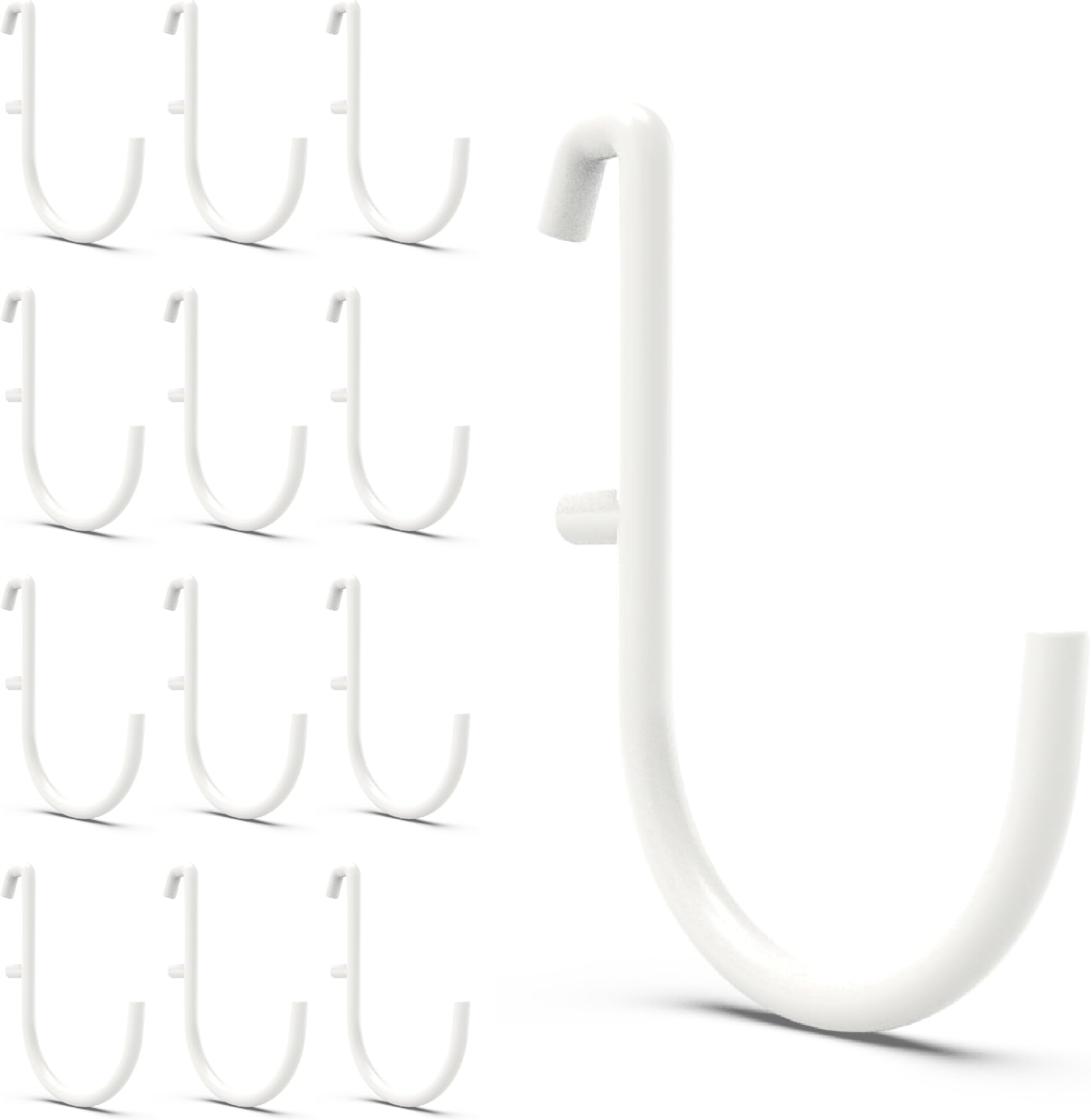 BFPeaky Stainless Steel J-Shape Pegboard Hooks, 12 Pack, White, Modern, Wall Mount, 18lbs Max Weight, Compatible with IKEA Skadis Pegboard