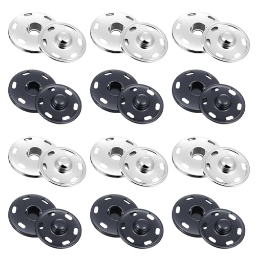 12 Sets Large Snaps for Sewing Sew on Snaps for Clothing Metal Snap Fasteners Press Studs for Fabric Sewing Clothing 0.75 Inch 19mm Diameter Black and Silver