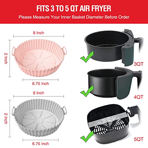 2 Pack Air Fryer Silicone Liners Pot for 3 to 5 QT, Air Fryer Silicone Basket Bowl, Replacement of Flammable Parchment Paper, Reusable Baking Tray Oven Accessories, Pink+Grey, (Top 8in, Bottom 6.75in) - Thumbnail 2