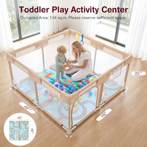 Image of Kidirect Baby Playpen with Play Mat 47x47 - Small Playpen for Babies & Toddlers, Activity Center, Indoor Outdoor, Beige