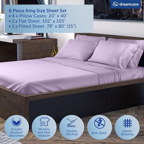 Image of DREAMCARE King Size Sheets Set - 6 pcs Breathable Cooling Sheets King Size | up to 15 inch Extra Deep Pocket King Sheet Set with Side Pockets - Extra Soft 100% Double Brushed Hotel Luxury Bedding - Lavender
