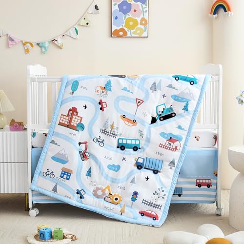 Image of 3-Piece Crib Bedding Set for Boys Girls - Ultra Soft & Skin Friendly Baby Bedding Set Includes Crib Comforter, Sheet & Crib Skirt(Vehicle)