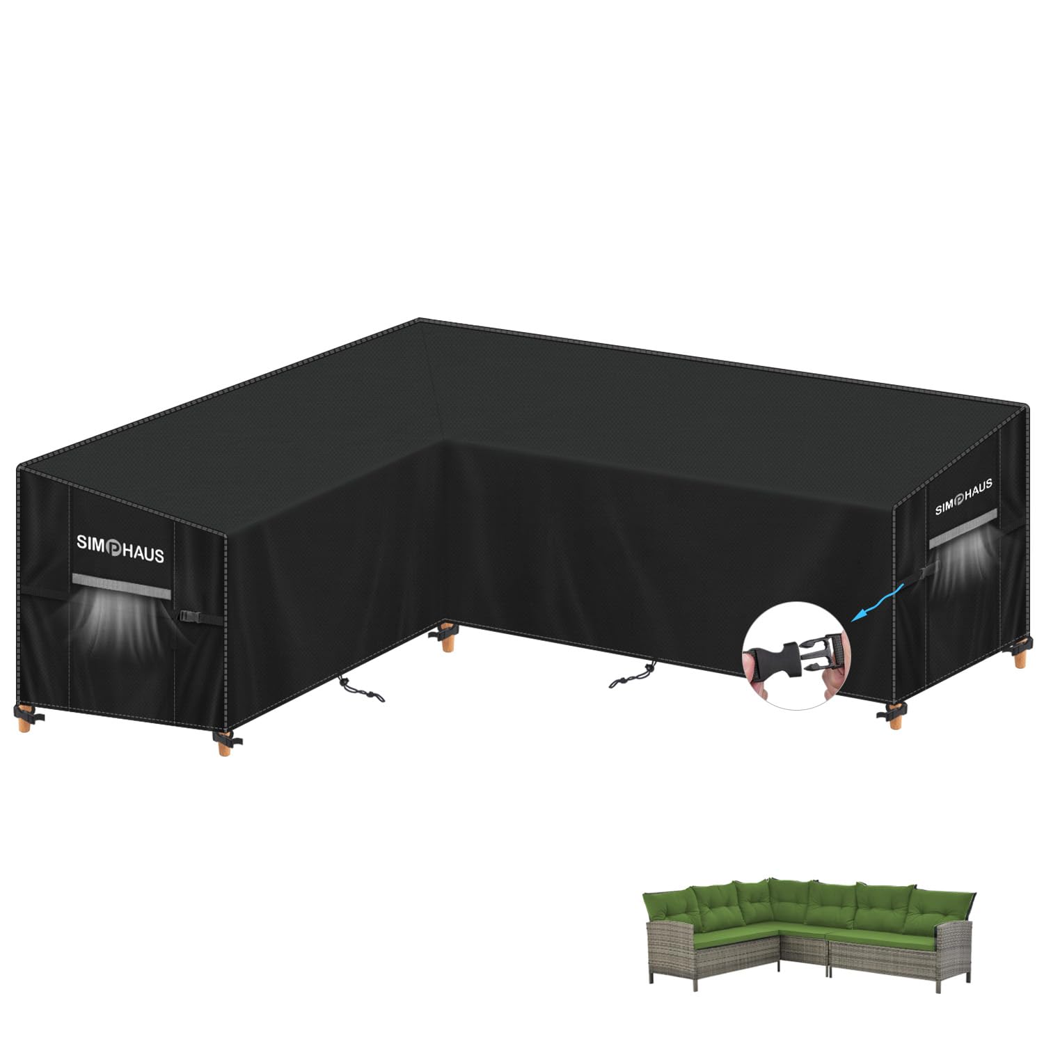SIMPHAUS Rattan L Shaped Garden Furniture Covers Garden Corner Sofa Cover Waterproof 420D Oxford Fabric Large Outdoor Corner Sofa Covers L Shape Furniture Cover Windproof Anti-UV 190x250x90x80/60cm