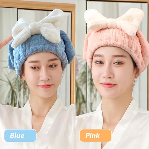 Tyrzol 6pcs Hair Towel Wrap Super Absorbent Hair Towel Wrap for Wet Hair Microfiber Hair Drying Caps Rapid Hair Drying Towel Quick Dry Head Wrap with Bow-Knot Shower Cap(Pink+Blue+Wristband) - Image 6