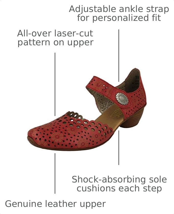 Image of Rieker 43753 Mirjam Women's Mary Jane Heels - Low-Heel Leather Shoes with Adjustable Ankle Strap & Laser-Cut Design - Comfortable Women's Heels for Casual & Dressy Wear