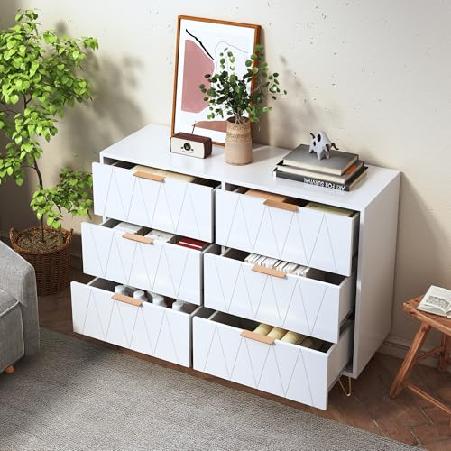 Cómoda de 6 cajones, cómoda de madera para dormitorio, mueble moderno multiusos, mueble con cajones, cajonera blanca para salón, comedor, pasillo (blanco)