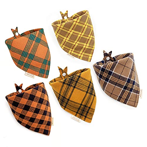 5PCS Dog Bandanas with Button - Thick Triangle Bibs Dual Layer Soft Cotton Scarves for Small Medium Boy Girl Puppy Cat Pet Baby Square Plaid Printing Washable Kerchief Halloween Costumes Outfits