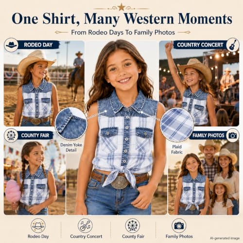 Image of Bienzoe Western Plaid Girls Shirt: Sleeveless Button Down | For girls who love cowgirl style, rodeo days, country concerts, summer comfort, family photos, horse shows, outdoor fun
