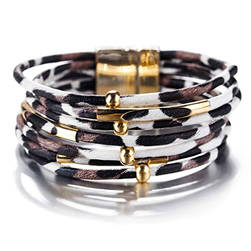 Multi Layer Leather Bracelet Braided Wrap Cuff Bangle Alloy Magnetic Clasp Handmade Christmas Gift Jewelry For Women Girl (Leopard-beige)