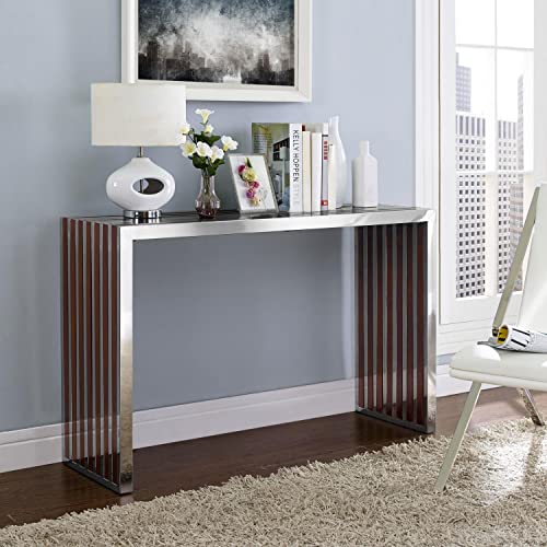 Modway Gridiron Contemporary Modern Stainless Steel Console Table With Wood Inlay #TOP2