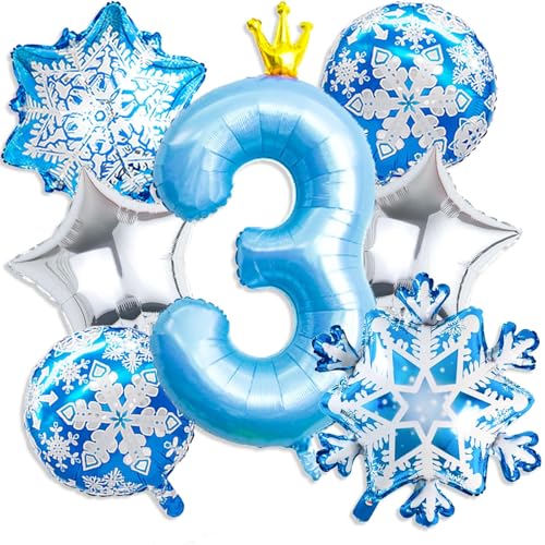 Globos de Aluminio de Copo de Nieve, 40 IN Globoes Numero, 6 PCS Globos Copos de Nieve y Estrella, para Cumpleaños Infantiles, Navidad y Fiestas Temáticas de Invierno (3 año de edad)