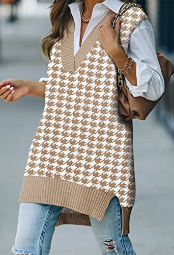 Viottiset Women Oversized Houndstooth Sweater Vest Knit Sleeveless V Neck Pullover Tunic Top Khaki X-Large #TOP1