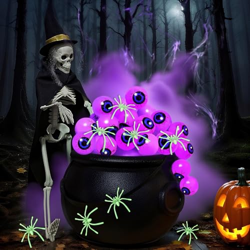 Halloween Witch Cauldron Set with Eyeball String Lights, Glowing Spiders,