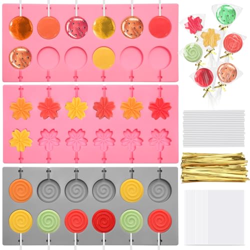303Pcs Silicone Lollipop Molds Kit, Lollipop Maker Molds Set, Non-Stick Lollipop Candy Molds For Chocolate, 3D Flower Silicone Mold For Hard Candy With 100P Sticks, 100P Candy Bags, 100P Ties