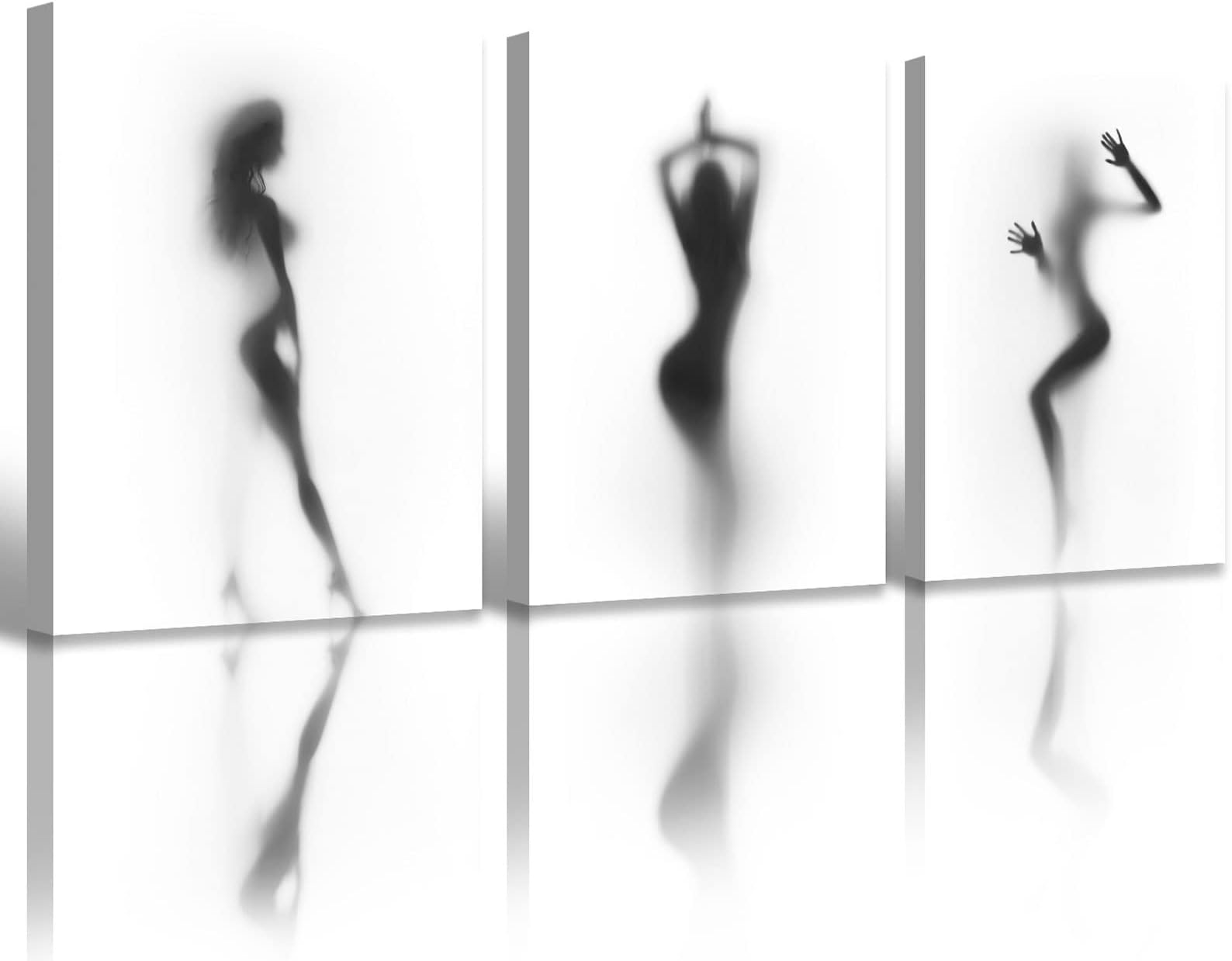 Bathroom Decor Wall Art 3 Piece Black and White Wall Art Sexy Posters Canvas Print Hazy Silhouette Painting Modern Artwork Abstract Picture for Home Decoration Stretched Framed Ready Hang 12"x16"x3