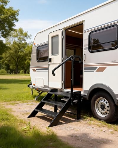 Image of 3 Step Stool Foldable,Step Ladder Folding,RV Steps with Height Adjustable Handrail and Non Slip Feets, Hot Tub Steps for Home, Travel Trailer, Camper, Mobile Home, Spa, and Porch