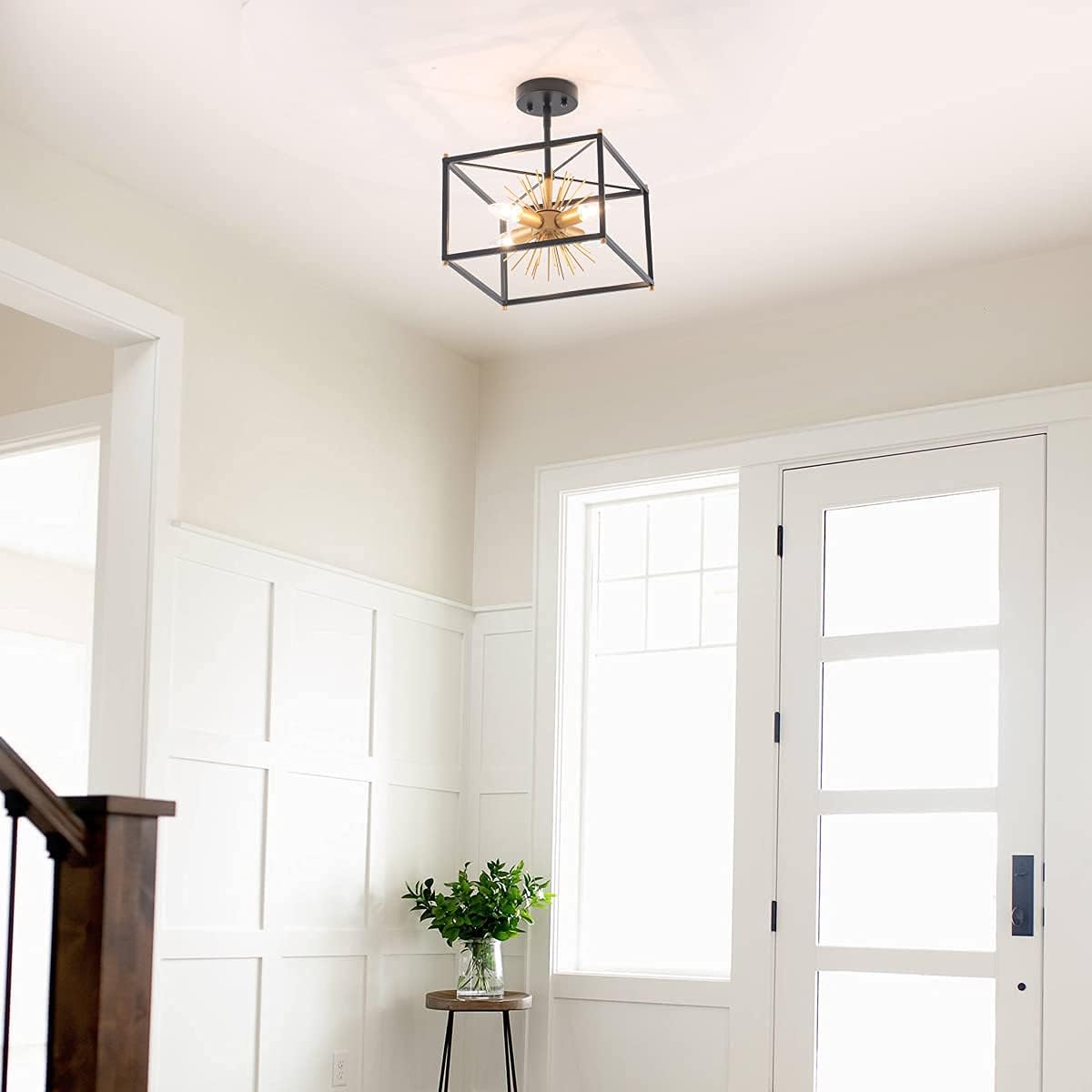 VILUXY Black and Gold Semi-Flush Mount Ceiling Light Fixture Mid-Century Sputnik Modern Ceiling Chandelier Square for Bedroom Entryway Hallway 4-Light