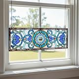 BrightRow Extra Large Stained Glass Window Panels with Chain Kit, 35 x 12 Inches Blue Victorian Horizontal Rectangle Window Hanging Transom for Home and Kitchen Decor
