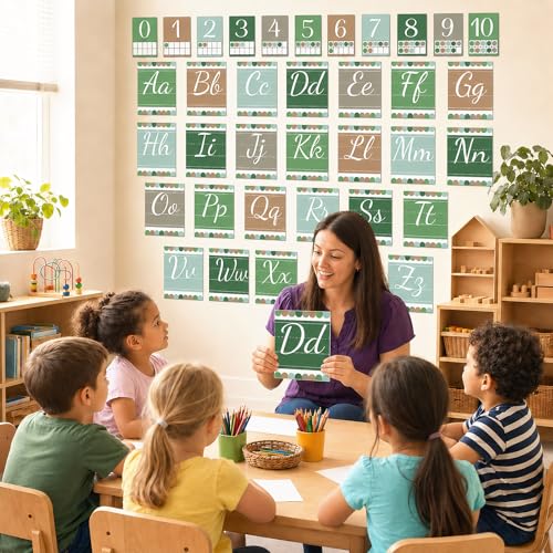 37 Pcs Eucalyptus Alphabet Bulletin Board Set 26 Letters Flash Cards and 0-10 Number Cards Sage Green ABC Alphabet Poster for Classroom Wall Playroom Bedroom Decor Back to School Wall Supplies - Image 4