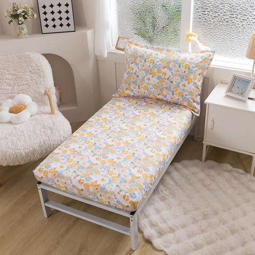 Image of Caressma Twin Size 5 Pieces Comforter Set Bed-in-a-Bag,Soft Fabric Print Yellow Floral for Baby & Kids,Includes Flower Comforter, Fitted Sheet, Flat Sheet，Pillow Case & Pillow Shame for All Seasons