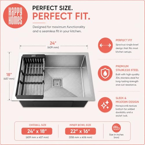Image of HAPPY HOMES 304 Stainless Steel Kitchen Sink (24X18X10 Inch) Heavy Duty with HONEYCOMB ANTISCRATCH Design Matte Finish with Nanocoated Undercoating |Square Coupling and Metal Fruit Basket