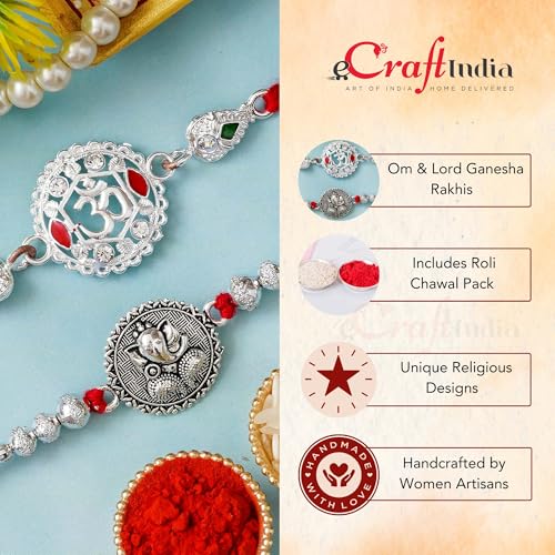 Image of eCraftIndia Set of 2 Om & Rudraksha Rakhis with Roli Pack - Rakhi for Brother