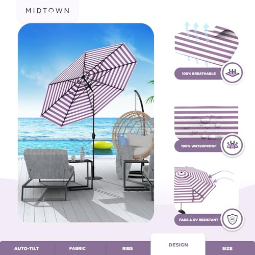 Image of Midtown Umbrellas 10-Year-No-Fade - 8 Ft - UV Proof Purple /White Stripes Fabric - Umbrella Outdoor Patio, Auto-Tilt Aluminum Frame Patio Umbrella for Garden, Pool & Deck - Black Pole