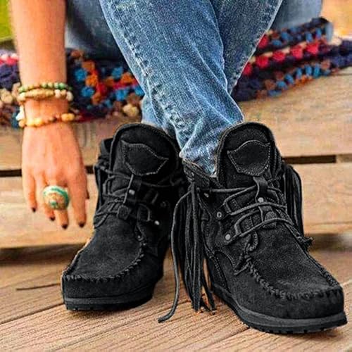 Fringe Moccasin Boots Women Vintage Platform Cowboy Short Suede Tassel Lace Up Wide Round Toe Chunky Ladies Ankle Boots With Fringes Ethnic Bohemian Low Heels Beach Slip On Dress Walking Shoes2