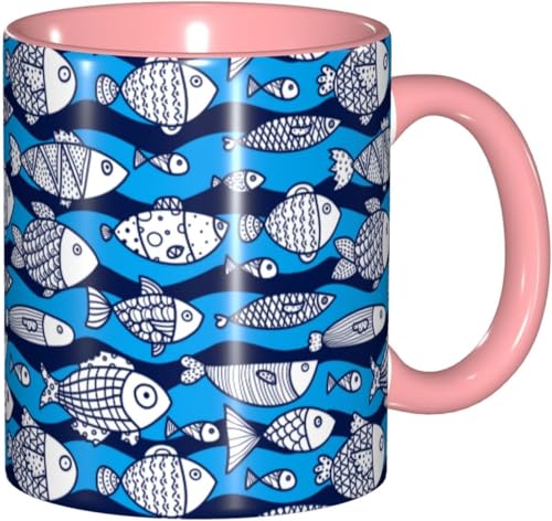 マグカップ さかな まだら 魚柄 紺色 手描き コーヒーカップ 陶器 330ml おしゃれ 可愛い 食器 コップ 耐熱 電子レンジ対応 お茶 ミルク 大容量 軽量 オフィス 家用 誕生日 記念日 プレゼント 箱入り
