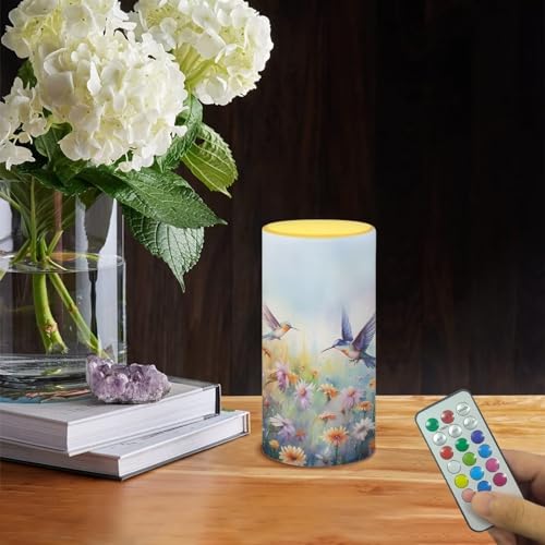 Image of Flameless Candle with 18 Key Remote 4 /8 Hours Timing Color Changing, Flickering Wick Realistic Votive Electric Candle for Patio Desktop Home Ornaments, Hummingbird Daisy Purple