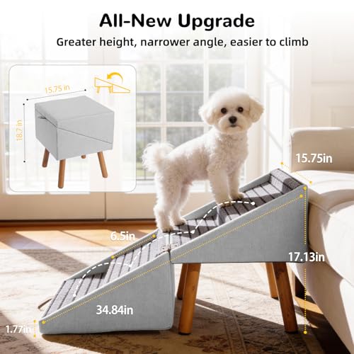 Image of 2-in-1 Dog Steps & Ottoman,17.13 inch H Dog ramp for Couch | Foldable Dog ramp for Small dogs, Non-Slip Wooden Pet ramp for Puppy Senior Injured Dogs (Light Grey)