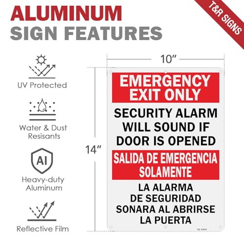 Image of T&R Large Emergency Exit Only Bilingual Sign Security Alarm Will Sound If Door Is Opened - 2 Pack - 14 x 10 Inches Rust Free .040 Aluminum Reflective - UV Protected, Waterproof, Weatherproof and Fade Resistant - 6 Pre-drilled Holes