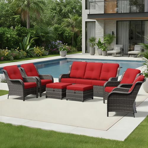 Image of Joyside 7 Piece Wicker Patio Furniture Set, Rattan Patio Chairs with High Back, Deep Seating, Wide Armrest, Thickened Cushions, Outdoor Furniture for Deck, Porch Use