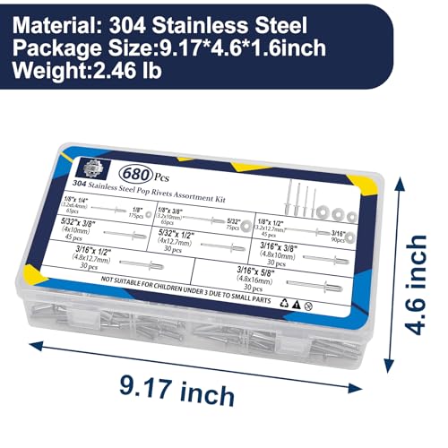 ZQZ 680Pcs Stainless Steel Pop Rivets, 8 Sizes Stainless Rivits with 1/8\" 5/32\" 3/16\" Blind Rivets and Washers Assortment Kit - Thumbnail 6