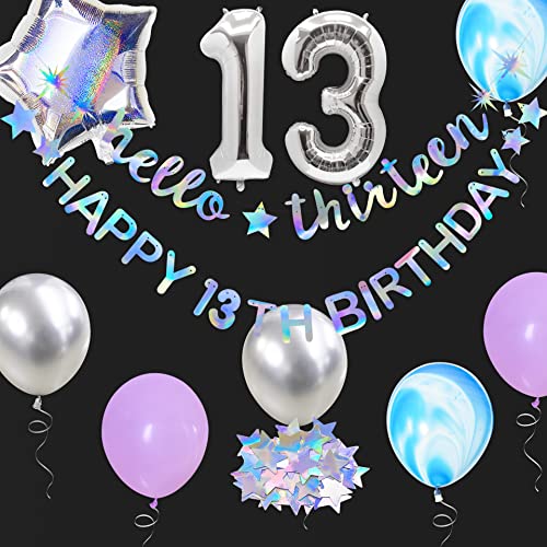 Image of Iridescent Hello Thirteen Happy 13th Birthday Banner Garland Foil Balloon 13 for 13 Birthday Decorations Official Teenager 13th Birthday Decor for Teen Girls 13 Year Old Birthday Party