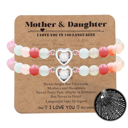 Image of Uloveido Mom Daughter Natural Stone Bracelets Gift - I Love You 100 Languages Bracelets Heart Charm Projection Bracelets Set for Mothers Daughters of 1 2 3pc YA4748