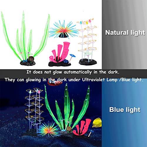 Image of Lpraer 4 Pack Glow Aquarium Decorations Horn Coral Branch Coral Kelp Sea Urchin Simulation Glow Plant Glowing Effect Silicone for Fish Tank Decoration