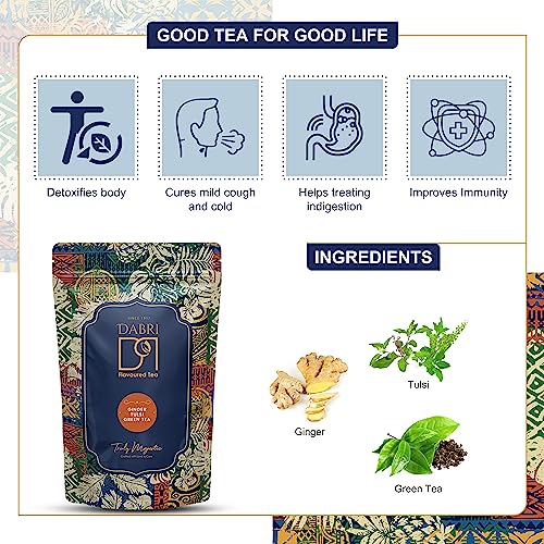 Image of Dabri Ginger Tulsi Green Tea 100gm Pouch | Natural Flavoured Long Leaf Tea | Pure & Refreshing | Rich in Antioxidants | Immunity Booster | Relieves Cough, Cold & Indigestion