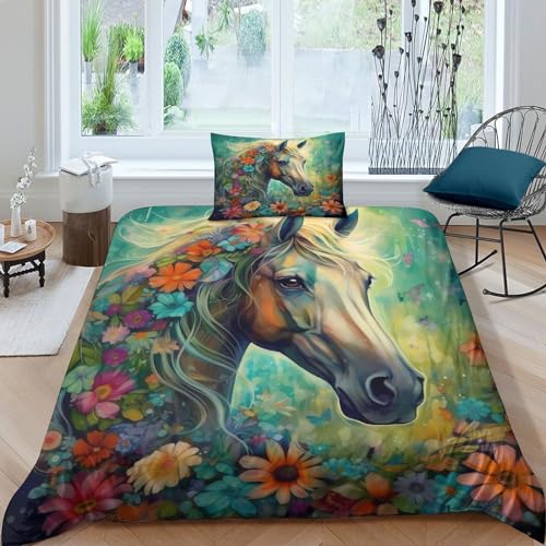 Parure de lit imprimé 3D haut de gamme Fleurs et Chevaux en microfibre single - 2