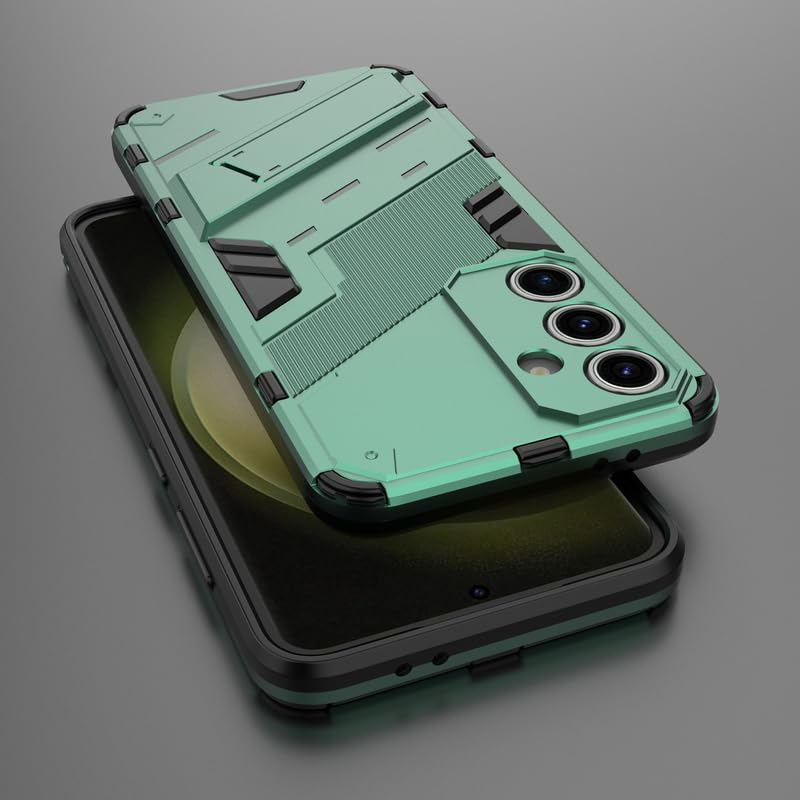 Image of Casodon Rugged Hard Back Case Cover for Samsung Galaxy S24 FE - Military-Grade Armor with Screen & Camera Guard, Dual-Layer Shockproof Design, Raised Edges, and Built-in Kickstand - Emerald Green