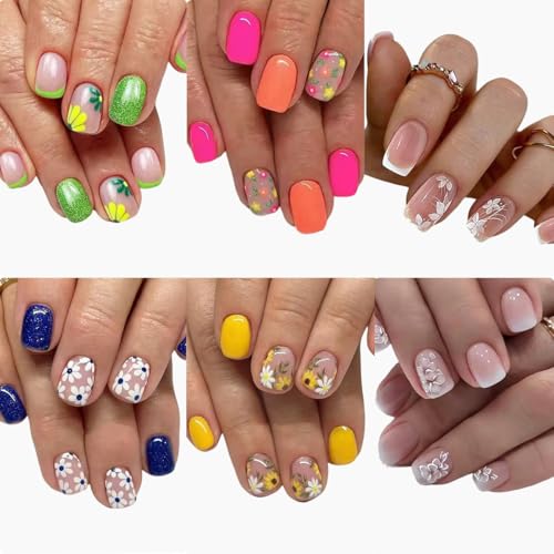 6 Packs (144 Pcs) Flower Press on Nails Short Square Fake Nails F...