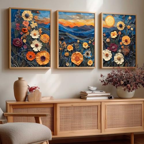 Image of kotart Abstract Floral Art Framed Painting | Big Aesthetic Flowers Vastu Framed Paintings for Living Room Bedroom Wall Decor Set Of 3 (10X13 inch)