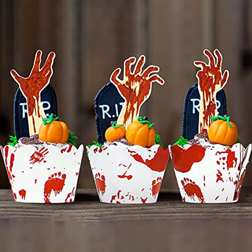 72Pcs Halloween Cupcake Toppers Supplies 36 Pcs Zombie Hand Tombstone Cupcake Toppers And 36 Pcs Horror Red Handprint Cupcake Wrapper For Halloween Party Zombie Theme Party #TOP4