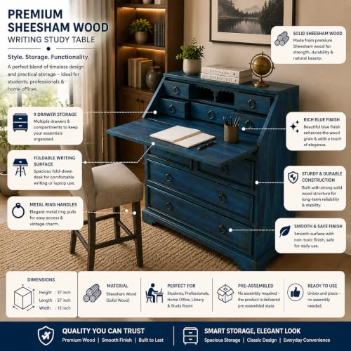 Image of Solid Sheesham Wood Writing Study Table for Students Office Desk Workstation Computer Laptop Table with Drawer Storage for Home Office Library Wooden Furniture (Blue)