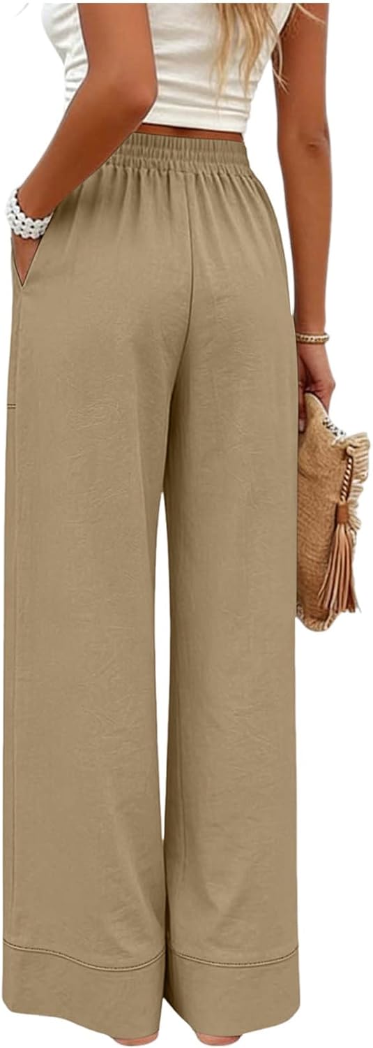 Womens Casual Wide Leg Pants High Waist Palazzo Flowy Trousers Summer Beach Vacation Outfits with Pockets