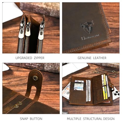 Image of Genuine Crazy Horse Leather Travel Gift Coin Pocket Card Case Long Organizer Chain Rfid Wallet Purse With Snap For Men Male 1803 1815 (1815 Brown)