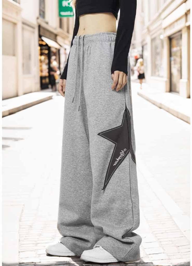 Female Star Printed Sports Pants Y2K Drawstring Elastic Waist Jogging Pants Street Loose Straight Leg Pants - Image 4
