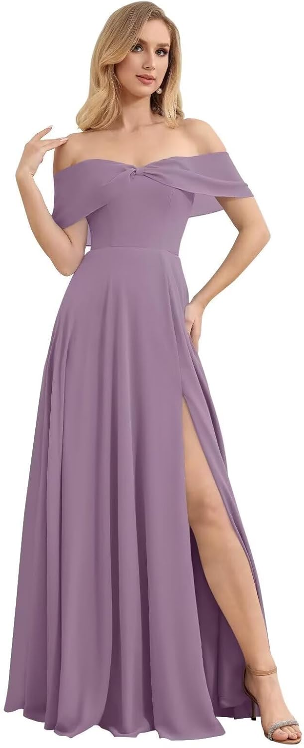 RunaCelle Chiffon Bridesmaid Dresses Long Off The Shoulder Wedding Guest Dress with Slit Pleated Corset Formal Gown